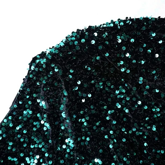 New Glam Full Length Sequin Velvet Gown Dress Long Sleeve Dark Green